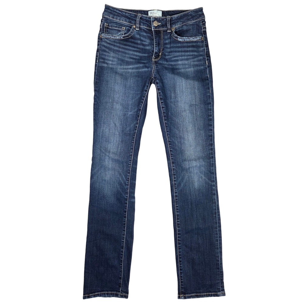 BKE Stella Straight Leg Jeans 28R Dark Wash Blue Mid Rise Stretch Distressed